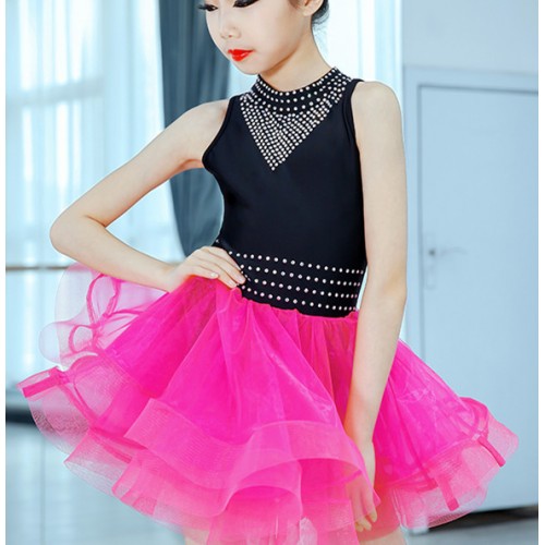 Kids latin dresses children pink black patchwork ballroom competition salsa rumba chacha diamond dresses